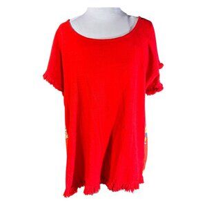 Womens Red Floral Tunic Top By Umgee Size M Short Fringe Sleeves Lightweight Cot